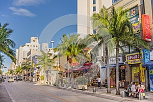 Kokusai dori street which means international street very popular with tourists in the city of Naha in Okinawa