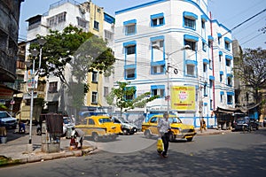 Yellow taxi cars on the street in Kolkata