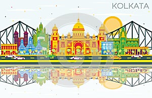 Kolkata Skyline with Color Landmarks, Blue Sky and Reflections.