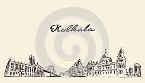 Kolkata skyline vector vintage illustration drawn