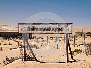 Kolmannskuppe signs in ghost town