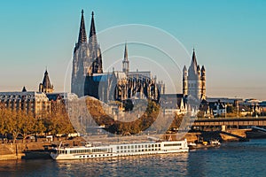 Koln City symbol the Cologne Gothic Cathedral in the center of the city on the bank of River Rhein