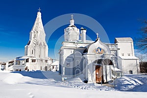 Kolomenskoye estate with ancient Church of the Ascension on the background and Church of St. George, 16th century.