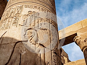 Kom Ombo Temple hieroglyphs from the Ptolemy dynasty. The temple is also known as the Crocodile Temple or Sobek Temple