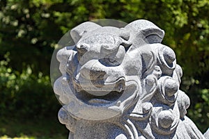 Komainu, or lion-dog (public art) at Hachiman Shrine, Ishikawa, Japan