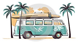 Kombi van with a surf board on top palm trees white background Generative AI Illustration