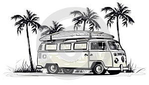 Kombi van with a surf board on top palm trees white background Generative AI Illustration