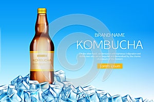 Kombucha bottle on ice cubes heap mockup banner