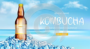 Kombucha bottle mockup ad banner, fresh tea drink