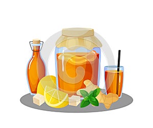 Kombucha drink. Cartoon jars and glasses with summer cold beverage of tea mushroom. Bottles and lemon pieces. Ginger or