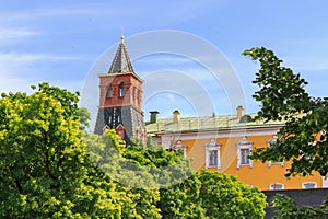 Komendantskaya tower with building of Moscow Kremlin against blue sky in sunny summer day