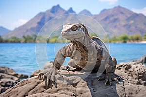 Komodo dragon Iguana sitting on the rock by the sea. Indonesian islands