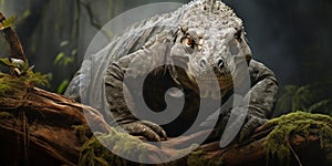 Komodo dragon looks at camera, portrait of big monitor lizard, wild reptile as ancient dinosaur in jungle. Concept of wildlife,