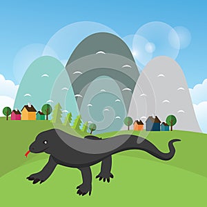 Komodo dragon reptile vector illustration with mouintain scene background