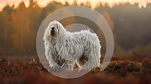 Komondor Dog Standing in Autumn Twilight photo