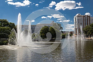 Komsomolsk pond with Fountains in sunny day, Lipetsk, Russia photo