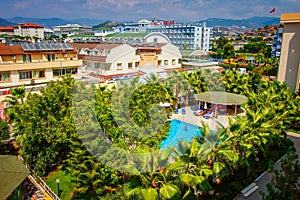 Konakli, Turkey - August 18, 2017: Tropical resort hotels aerial view in summer sunny day. Holidays and vacation in relax hotel.