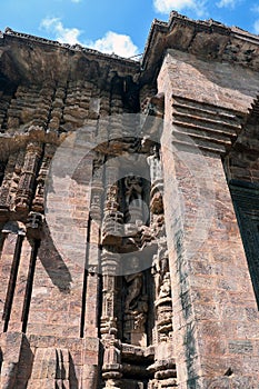 Konark Sun Temple in Odisha, India. Erotism and origin of kamasutra in Indian sculpture. Erotic sculpture of Konark temple.