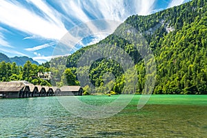 Konigssee lake with clear green water, reflection and mountain, Bavaria, Germany
