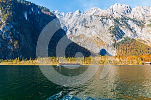 Konigssee lake Konigsee in foggy weather the background Watzmann mountains , near the German Austrian border, Berchtesgaden