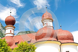 Konigssee lake with st Bartholomew church dome, Berchtesgaden National Park, Bavaria, Germany