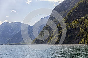 Konigssee near German Berchtesgaden surrounded with vertical mountains