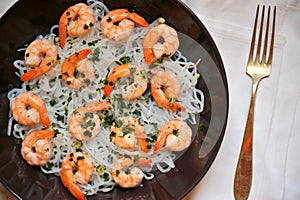 Konjac spaghetti with shrimps : Dukan diet concept image