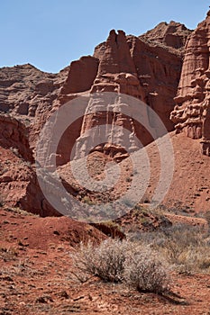 Konorchek canyon, sheer cliffs subject to erosion, travel destination, famous landmark Kyrgyzstan, Central Asia