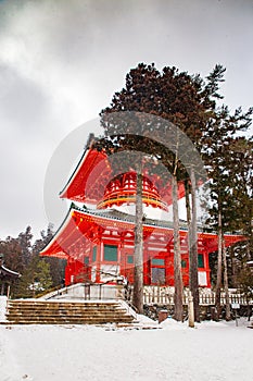 Konpon DaitÃ´ red pagoda in Danjo Garan, Koyasan, covered with snow, UNESCO World Heritage area, Wakayama Prefecture,  Japan