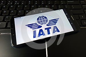 KONSKIE, POLAND - January 11, 2020: International Air Transport Association Iata logo on mobile phone