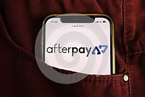 KONSKIE, POLAND - July 22, 2021: Afterpay Limited company logo on mobile phone