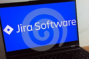 KONSKIE, POLAND - July 11, 2022: Jira task manager software logo displayed on laptop computer