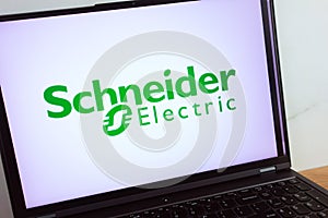 KONSKIE, POLAND - July 11, 2022: Schneider Electric energy management and automation company logo displayed on laptop computer