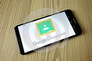 KONSKIE, POLAND - November 04, 2020: Google Classroom web service logo on cellphone