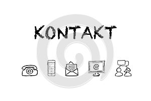 `Kontakt` text and icons on white board. Translation: `Contact`