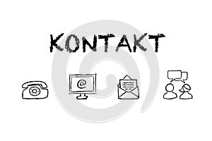 `Kontakt` text and icons on white board. Translation: `Contact`