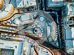 Kontraktova Square on Podil in Kyiv, aerial view