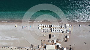 Konyaalti Beach in Antalya. Turkey. Sea and Embankment. Aerial Vertical Top-Down View. Drone Flies Sideways