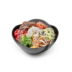 Kook-su soup with beef black dish white background isolated