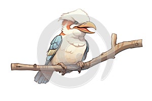 kookaburra perched on an angular branch, issuing a long-winded laugh