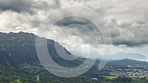 Koolau mountains in clouds view from Nuuanu Pali lookout on Oahu