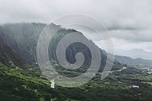 Koolau mountains in fog view from Nuuanu Pali lookout on Oahu