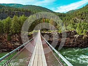 Kootenai Falls swinging bridge over a river in Montana wilderness