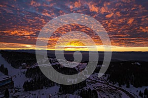 Kopaonik ski resort in Serbia, aerial view during an amazing winter sunset