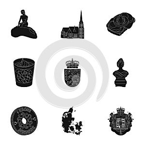 Kopeck, money, crown, and other web icon in black style. Attributes, country, Denmark icons in set collection.