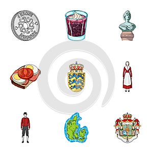 Kopeck, money, crown, and other web icon in cartoon style.Attributes,country, Denmark icons in set collection.