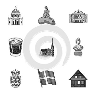 Kopeck, money, crown, and other web icon in monochrome style.Attributes,country, Denmark icons in set collection.