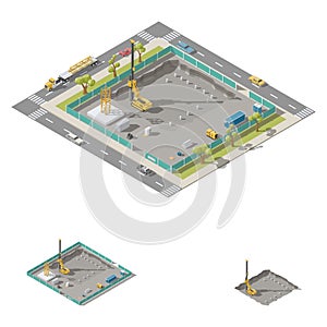 Koper install piles at construction site isometric icon set