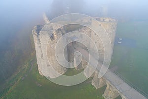 Koporye fortress, morning October fog aerial photography. Leningrad region, Russia