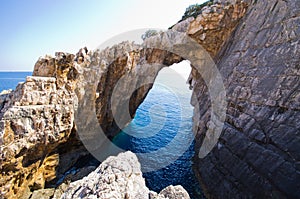 Korakonissi bay with stone bridge formation, Zakynthos, Greece